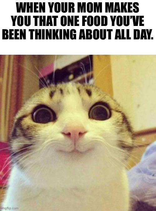 Happened to me a few times. | WHEN YOUR MOM MAKES YOU THAT ONE FOOD YOU’VE BEEN THINKING ABOUT ALL DAY. | image tagged in memes,smiling cat | made w/ Imgflip meme maker