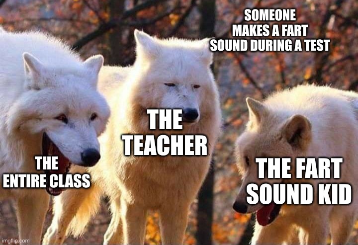 god dammit junior high | SOMEONE MAKES A FART SOUND DURING A TEST; THE TEACHER; THE ENTIRE CLASS; THE FART SOUND KID | image tagged in laughing wolf | made w/ Imgflip meme maker