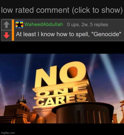 Nobody Cares SVTFOE Hater. | image tagged in low rated comment dark mode version,no one cares,low rated comment,memes,imgflip | made w/ Imgflip meme maker