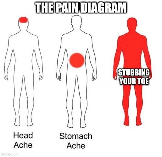 It hurts | THE PAIN DIAGRAM; STUBBING YOUR TOE | image tagged in pain diagram | made w/ Imgflip meme maker