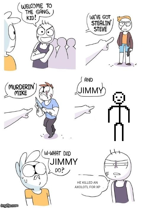 What did X do? | JIMMY; JIMMY; HE KILLED AN AXOLOTL FOR XP | image tagged in what did x do | made w/ Imgflip meme maker