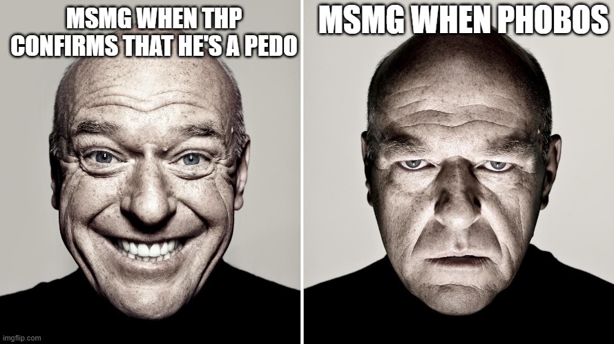 not justifying him, im just saying | MSMG WHEN PHOBOS; MSMG WHEN THP CONFIRMS THAT HE'S A PEDO | image tagged in dean norris's reaction | made w/ Imgflip meme maker