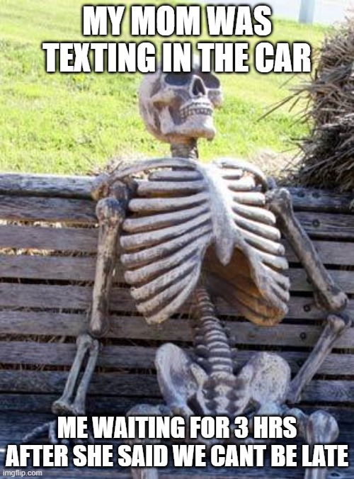 Waiting Skeleton Meme | MY MOM WAS TEXTING IN THE CAR; ME WAITING FOR 3 HRS AFTER SHE SAID WE CANT BE LATE | image tagged in memes,waiting skeleton | made w/ Imgflip meme maker
