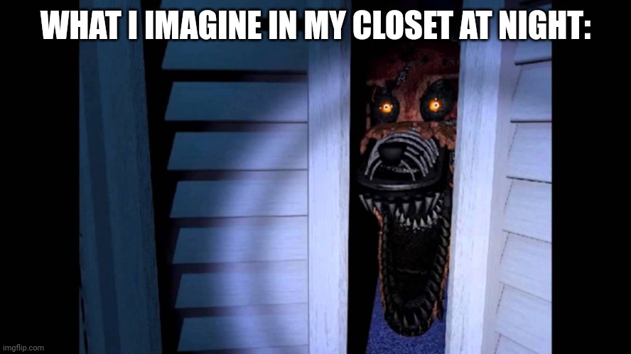 Childhood | WHAT I IMAGINE IN MY CLOSET AT NIGHT: | image tagged in foxy fnaf 4 | made w/ Imgflip meme maker