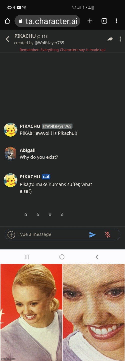Poor Pikachu needs therapy (website: Character.AI) | image tagged in wait what,pokemon,artificial intelligence | made w/ Imgflip meme maker