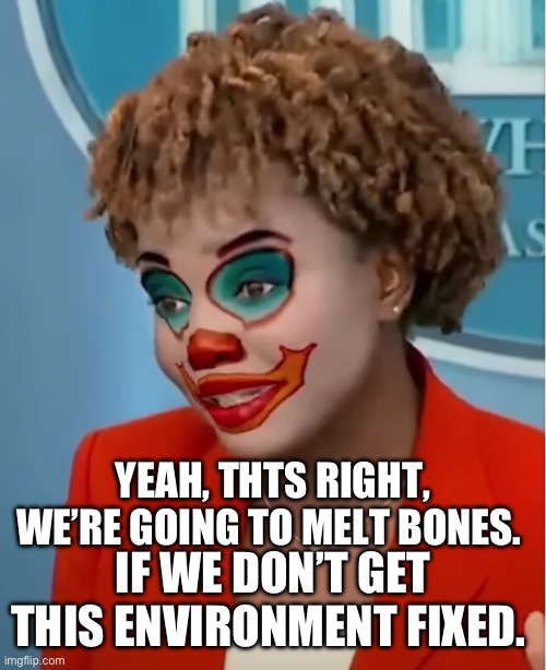 Clown Karine | YEAH, THTS RIGHT, WE’RE GOING TO MELT BONES. IF WE DON’T GET THIS ENVIRONMENT FIXED. | image tagged in clown karine | made w/ Imgflip meme maker