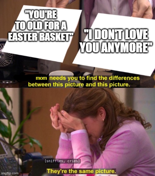 Easter Baskets | "YOU'RE TO OLD FOR A EASTER BASKET"; "I DON'T LOVE YOU ANYMORE"; mom | image tagged in they're the same picture - sad crying | made w/ Imgflip meme maker