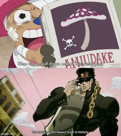 never bring poison mushroom | image tagged in the lowest scum in history,one piece,chopper,jojo's bizarre adventure,stardust crusaders | made w/ Imgflip meme maker