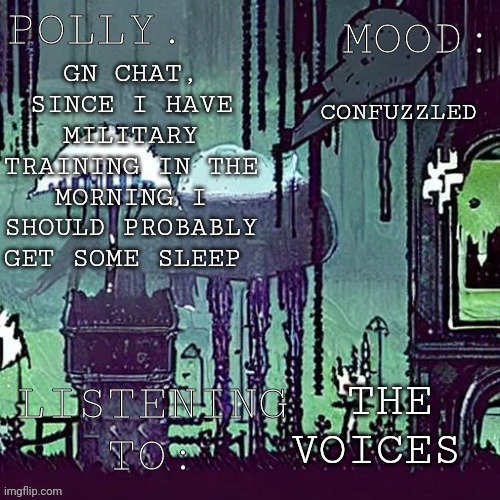 Pollys RW temp | CONFUZZLED; GN CHAT, SINCE I HAVE MILITARY TRAINING IN THE MORNING I SHOULD PROBABLY GET SOME SLEEP; THE VOICES | image tagged in pollys rw temp | made w/ Imgflip meme maker