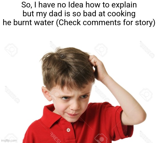 Confused Kid | So, I have no Idea how to explain but my dad is so bad at cooking he burnt water (Check comments for story) | image tagged in confused kid | made w/ Imgflip meme maker