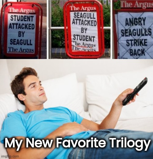 Star Wars and LOTR are getting old | My New Favorite Trilogy | image tagged in young man watching tv,entertainment,binge watching,angry birds,well yes but actually no | made w/ Imgflip meme maker