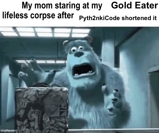 Noo my books nouu ??????? | Gold Eater; Pyth2nkiCode shortened it | image tagged in my mom staring at my brother's lifeless corpse after i blank | made w/ Imgflip meme maker