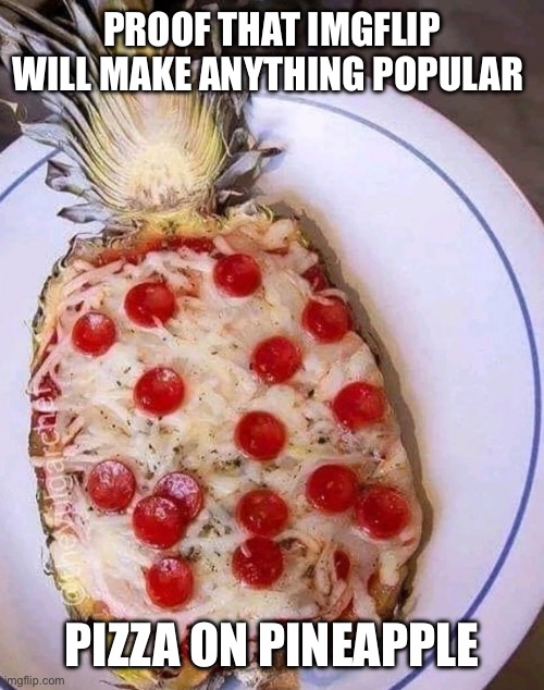 Pineapple pizza | PROOF THAT IMGFLIP WILL MAKE ANYTHING POPULAR; PIZZA ON PINEAPPLE | image tagged in pizza,on,pineapple | made w/ Imgflip meme maker