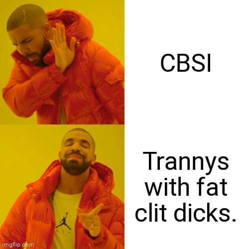 Drake Hotline Bling | CBSI; Trannys with fat clit dicks. | image tagged in memes,drake hotline bling | made w/ Imgflip meme maker