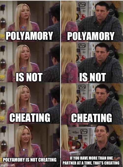 as long as everyone consents, it’s not cheating | POLYAMORY; POLYAMORY; IS NOT; IS NOT; CHEATING; CHEATING; POLYAMORY IS NOT CHEATING; IF YOU HAVE MORE THAN ONE PARTNER AT A TIME, THAT’S CHEATING | image tagged in phoebe joey,polyamory | made w/ Imgflip meme maker