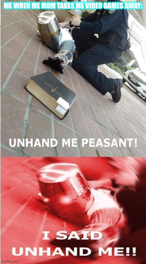 UNHAND ME, YOU FILTHY MUGGLE | ME WHEN ME MOM TAKES ME VIDEO GAMES AWAY: | image tagged in unhand me peasant,video games rule | made w/ Imgflip meme maker