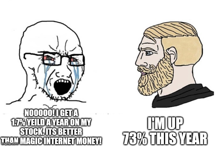Soyboy Vs Yes Chad | I'M UP 73% THIS YEAR; NOOOOO! I GET A 1.7% YEILD A YEAR ON MY STOCK. ITS BETTER THAN MAGIC INTERNET MONEY! | image tagged in soyboy vs yes chad | made w/ Imgflip meme maker