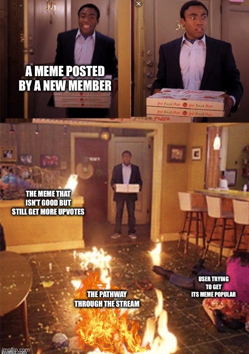 Welcome to life new meme | A MEME POSTED BY A NEW MEMBER; THE MEME THAT ISN’T GOOD BUT STILL GET MORE UPVOTES; USER TRYING TO GET ITS MEME POPULAR; THE PATHWAY THROUGH THE STREAM | image tagged in surprised pizza delivery | made w/ Imgflip meme maker