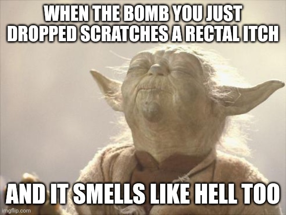 Fart Scratch and Stank | WHEN THE BOMB YOU JUST DROPPED SCRATCHES A RECTAL ITCH; AND IT SMELLS LIKE HELL TOO | image tagged in satisfied yoda,farts | made w/ Imgflip meme maker