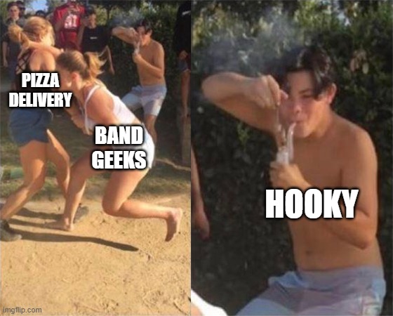the best spongebob episode | PIZZA DELIVERY; BAND GEEKS; HOOKY | image tagged in two girls fighting | made w/ Imgflip meme maker