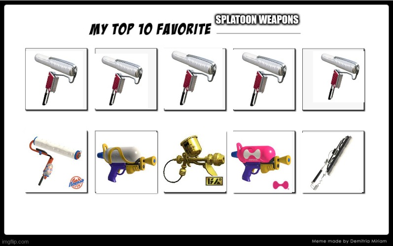 splatoon weapons | SPLATOON WEAPONS | image tagged in splatoon,weapons | made w/ Imgflip meme maker