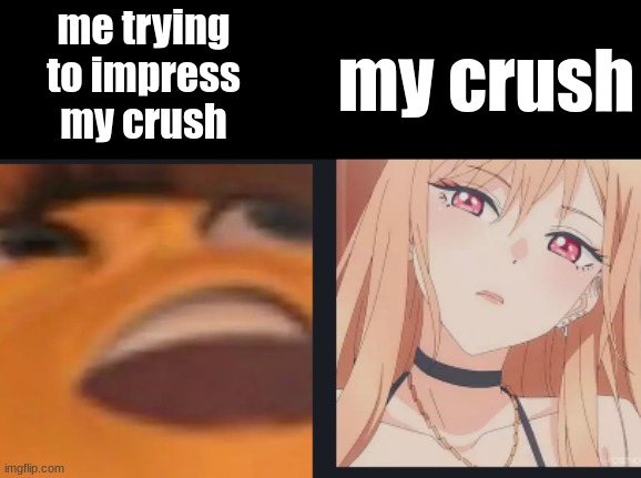 ssorry for not posting. I was really busy and needed a break | me trying to impress my crush; my crush | image tagged in so true memes,crush | made w/ Imgflip meme maker