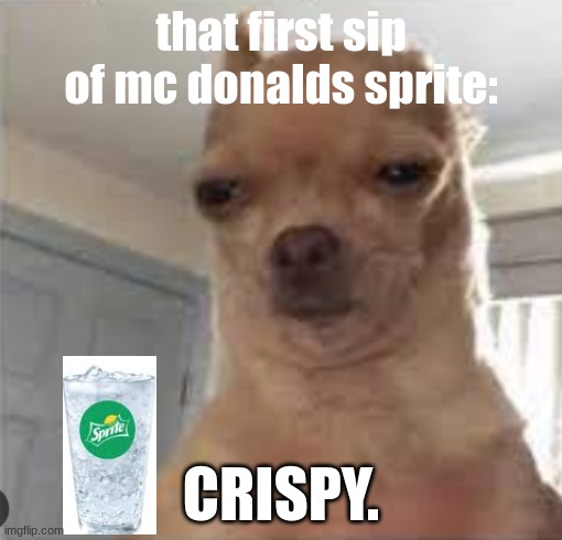 that sprite give you a sore throat man. | that first sip of mc donalds sprite:; CRISPY. | image tagged in funny,memes,sprite,mcdonalds,yes | made w/ Imgflip meme maker