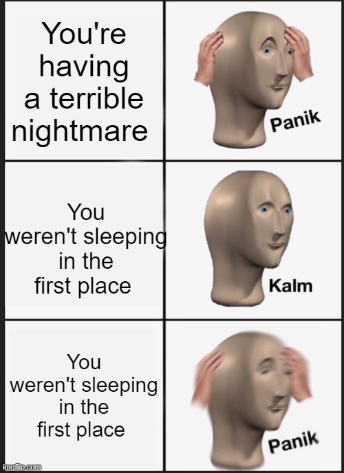 we all have had that one falling sensation right? | You're having a terrible nightmare; You weren't sleeping in the first place; You weren't sleeping in the first place | image tagged in memes,panik kalm panik | made w/ Imgflip meme maker