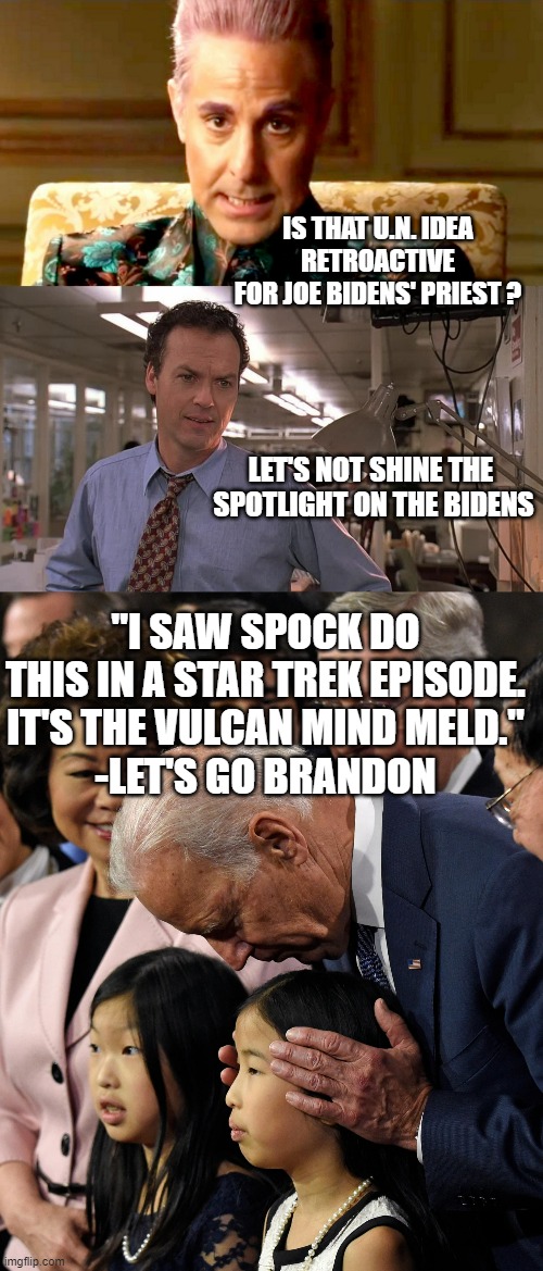 HAPPY EARTH DAY to the DIRT on Antony Blinken with Hunter Biden's Laptop | IS THAT U.N. IDEA RETROACTIVE
FOR JOE BIDENS' PRIEST ? LET'S NOT SHINE THE 
SPOTLIGHT ON THE BIDENS; "I SAW SPOCK DO THIS IN A STAR TREK EPISODE.
IT'S THE VULCAN MIND MELD."
-LET'S GO BRANDON | image tagged in michael keaton in the paper,blinking guy,earth day,catholic church,boston,stanley tucci | made w/ Imgflip meme maker