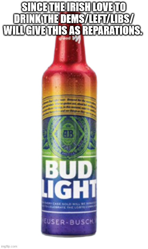 Bud Light | SINCE THE IRISH LOVE TO DRINK THE DEMS/LEFT/LIBS/ WILL GIVE THIS AS REPARATIONS. | image tagged in bud light | made w/ Imgflip meme maker