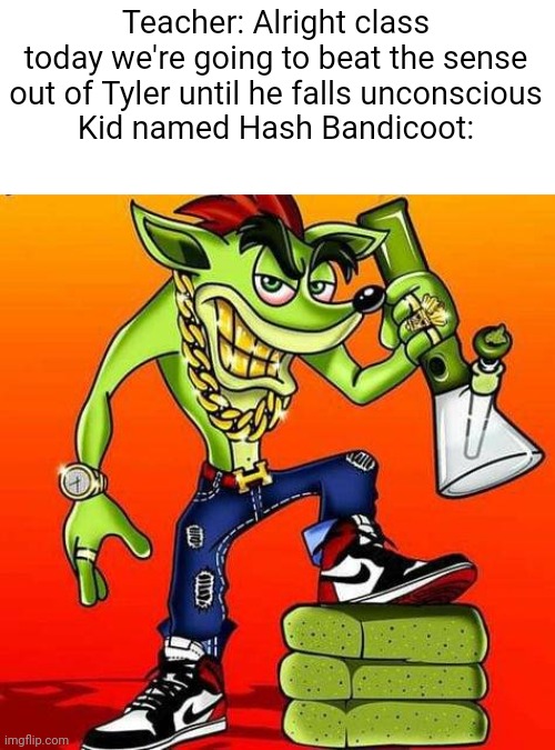 Hash Bandicoot | Teacher: Alright class today we're going to beat the sense out of Tyler until he falls unconscious
Kid named Hash Bandicoot: | image tagged in hash bandicoot | made w/ Imgflip meme maker
