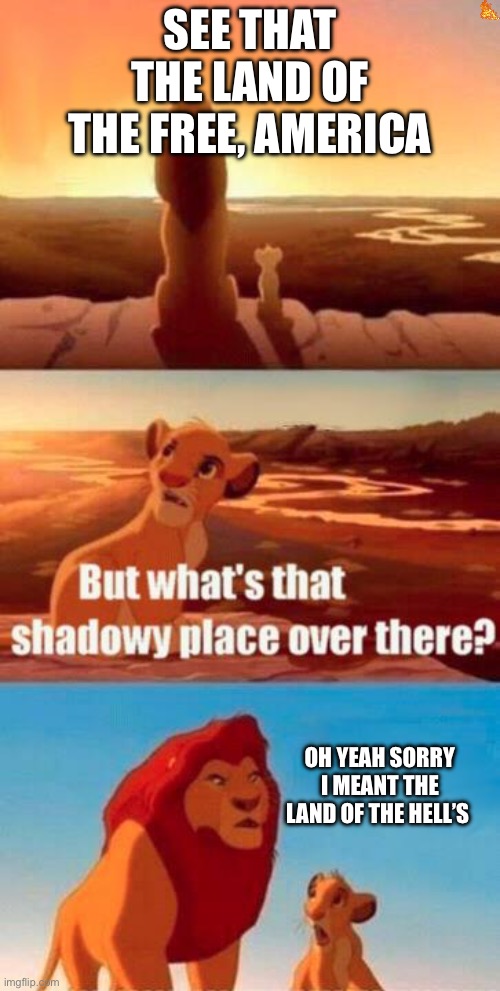 America In a Nutshell | SEE THAT THE LAND OF THE FREE, AMERICA; OH YEAH SORRY I MEANT THE LAND OF THE HELL’S | image tagged in lion king light touches shadowy place kek | made w/ Imgflip meme maker