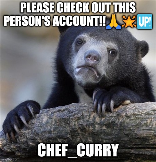 Confession Bear | PLEASE CHECK OUT THIS PERSON'S ACCOUNT!!🙏🌟🆙; CHEF_CURRY | image tagged in memes,confession bear | made w/ Imgflip meme maker
