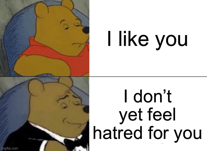 Tuxedo Winnie The Pooh | I like you; I don’t yet feel hatred for you | image tagged in memes,tuxedo winnie the pooh | made w/ Imgflip meme maker