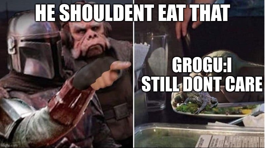 he wants to eat though | HE SHOULDENT EAT THAT; GROGU:I STILL DONT CARE | image tagged in mando at baby | made w/ Imgflip meme maker