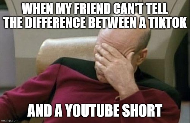 "Which one doesn't have that floating 3D musical note?" | WHEN MY FRIEND CAN'T TELL THE DIFFERENCE BETWEEN A TIKTOK; AND A YOUTUBE SHORT | image tagged in memes,captain picard facepalm,tiktok,youtube,youtube shorts,not a true story | made w/ Imgflip meme maker