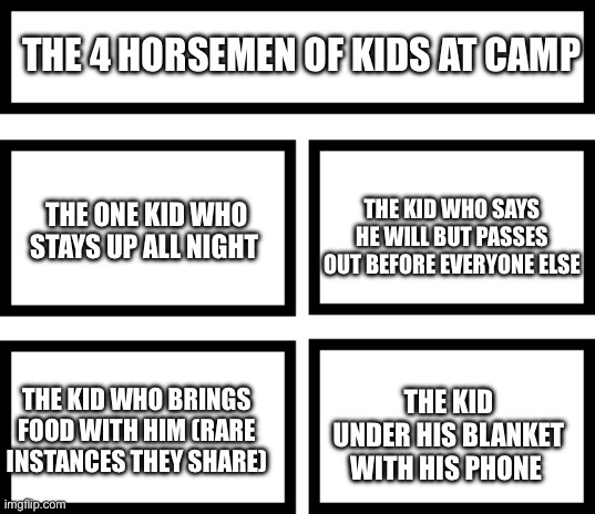 I’m probably the 2nd one | THE 4 HORSEMEN OF KIDS AT CAMP; THE KID WHO SAYS HE WILL BUT PASSES OUT BEFORE EVERYONE ELSE; THE ONE KID WHO STAYS UP ALL NIGHT; THE KID UNDER HIS BLANKET WITH HIS PHONE; THE KID WHO BRINGS FOOD WITH HIM (RARE INSTANCES THEY SHARE) | image tagged in 4 horsemen of,camp,memes,funny | made w/ Imgflip meme maker