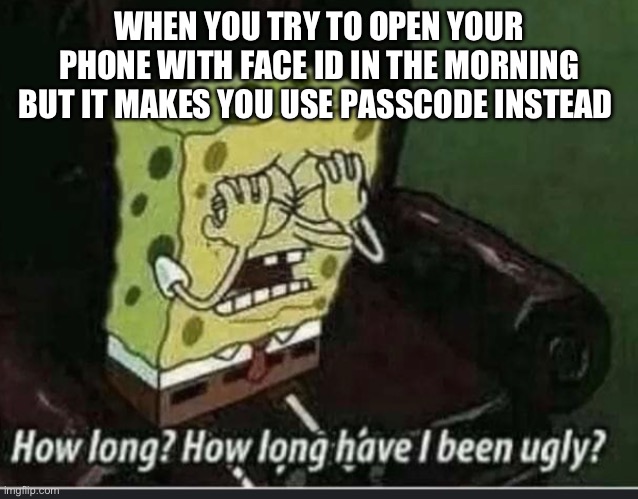 Ugly | WHEN YOU TRY TO OPEN YOUR PHONE WITH FACE ID IN THE MORNING BUT IT MAKES YOU USE PASSCODE INSTEAD | image tagged in funny memes | made w/ Imgflip meme maker