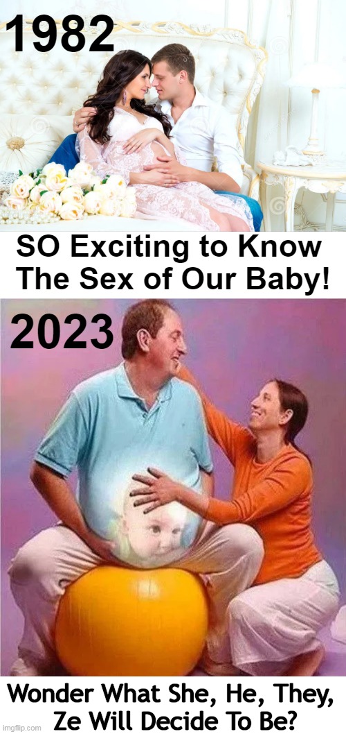 Confusion Delusion | 1982; SO Exciting to Know 
The Sex of Our Baby! 2023; Wonder What She, He, They, 
Ze Will Decide To Be? | image tagged in politics,sex,gender identity,confusion,liberal agenda,liberalism is a mental disorder | made w/ Imgflip meme maker