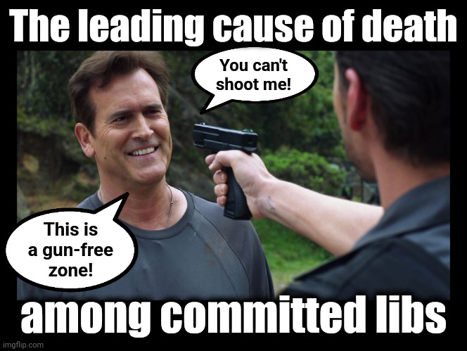 Death in blue states and cities | The leading cause of death; You can't
shoot me! This is
a gun-free
zone! among committed libs | image tagged in you idiot you can't threaten me with that this is a gun free,democrats,gun free zone,joe biden,blue states,liberals | made w/ Imgflip meme maker