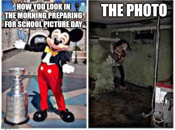 mickey mouse in disneyland | THE PHOTO; HOW YOU LOOK IN THE MORNING PREPARING FOR SCHOOL PICTURE DAY | image tagged in mickey mouse in disneyland | made w/ Imgflip meme maker