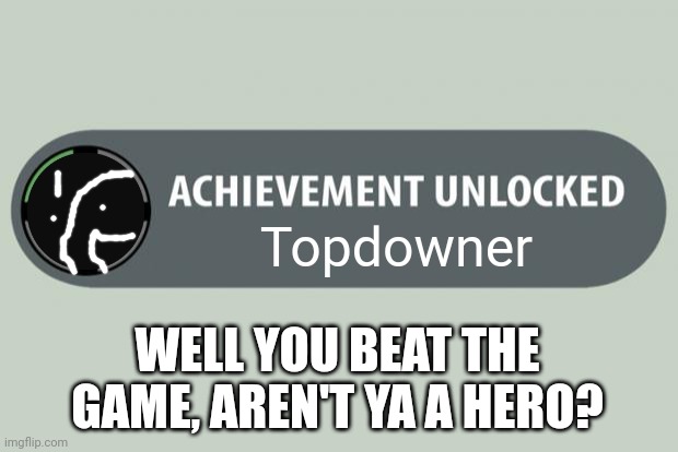 An achievement I made | Topdowner; WELL YOU BEAT THE GAME, AREN'T YA A HERO? | image tagged in achievement unlocked | made w/ Imgflip meme maker