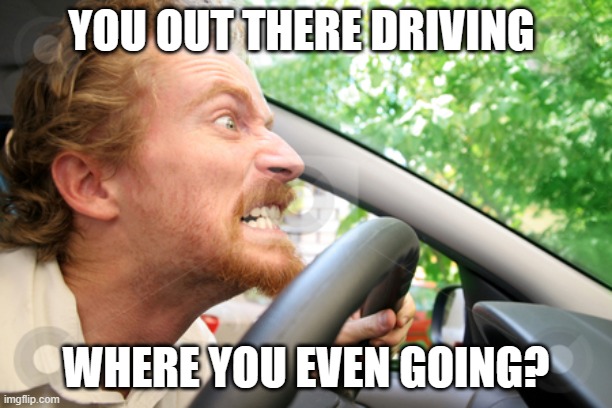 Driving Noplace | YOU OUT THERE DRIVING; WHERE YOU EVEN GOING? | image tagged in bad driver | made w/ Imgflip meme maker