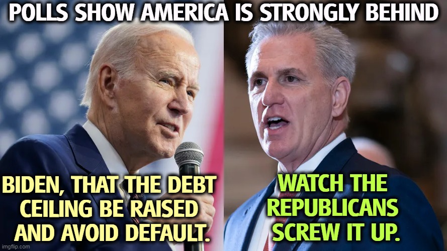 GOP = catastrophe. Republicans can't even tie their shoes. | POLLS SHOW AMERICA IS STRONGLY BEHIND; BIDEN, THAT THE DEBT 
CEILING BE RAISED 
AND AVOID DEFAULT. WATCH THE 
REPUBLICANS 
SCREW IT UP. | image tagged in america,biden,responsibility,gop,idiots,national debt | made w/ Imgflip meme maker