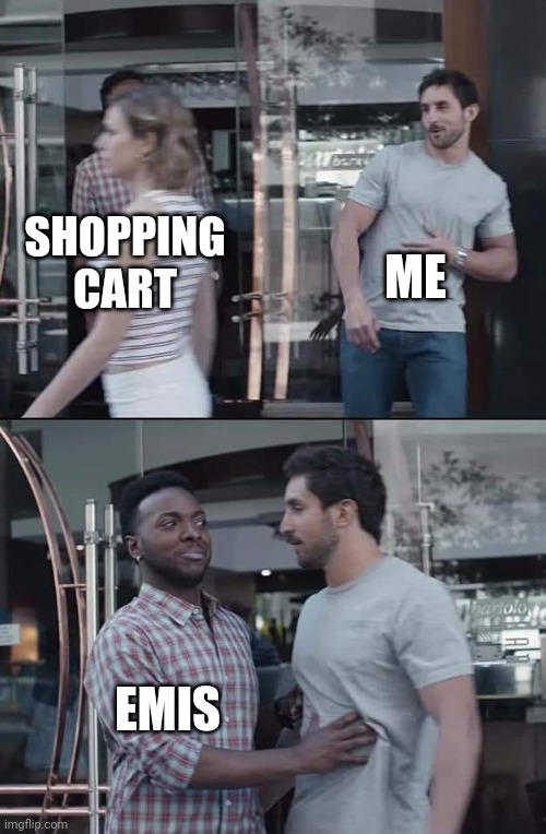My current situation? | ME; SHOPPING CART; EMIS | image tagged in black guy stopping | made w/ Imgflip meme maker