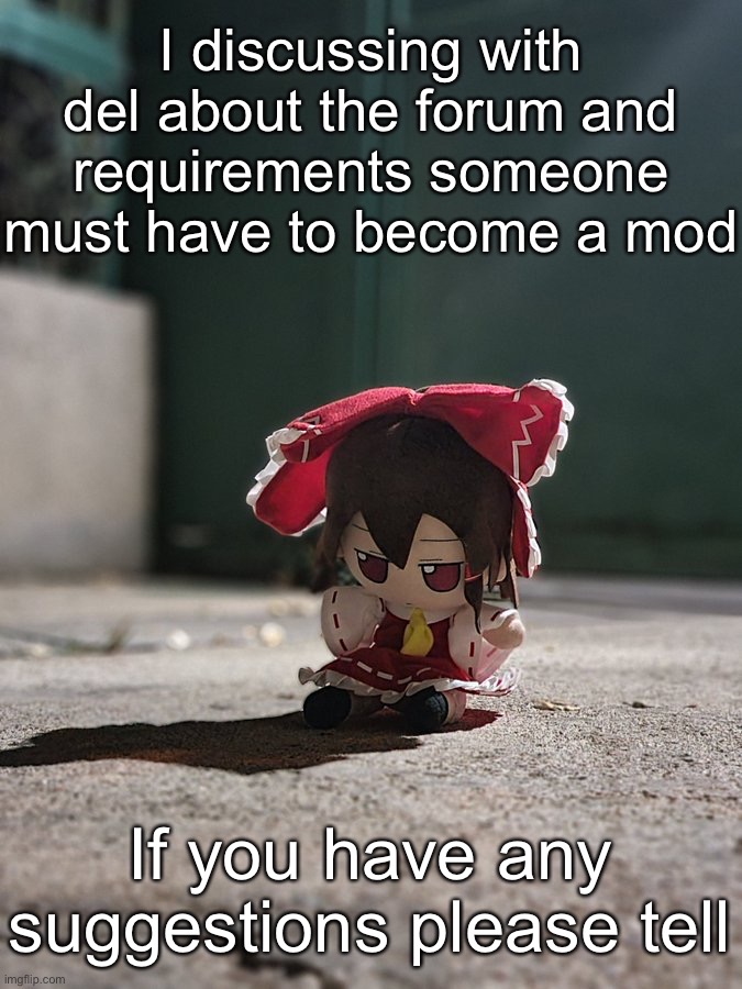 Fumo | I discussing with del about the forum and requirements someone must have to become a mod; If you have any suggestions please tell | image tagged in fumo | made w/ Imgflip meme maker