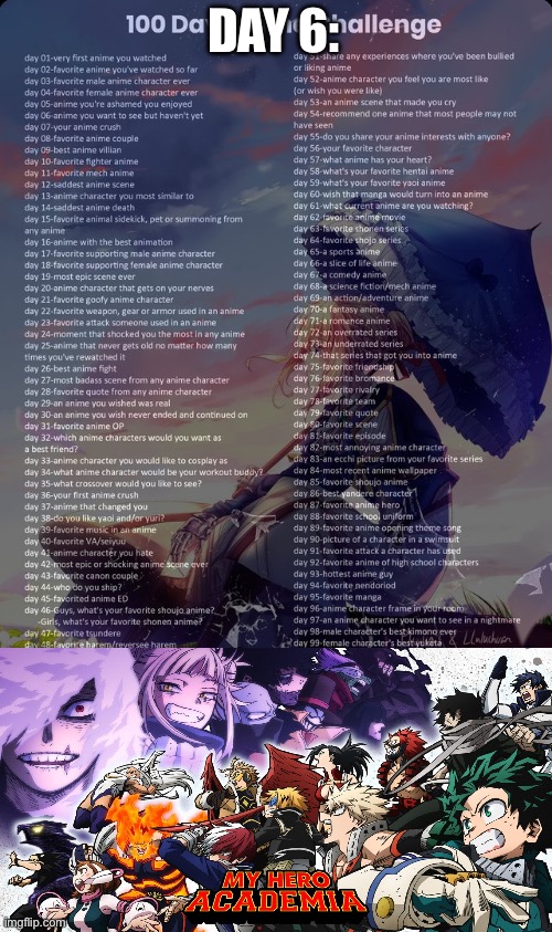 100 day anime challenge | DAY 6: | image tagged in 100 day anime challenge | made w/ Imgflip meme maker