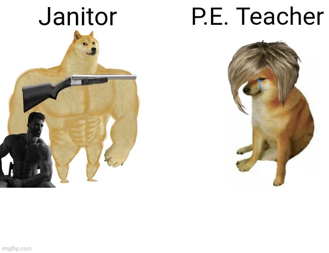 TRUE | Janitor; P.E. Teacher | image tagged in memes,buff doge vs cheems | made w/ Imgflip meme maker