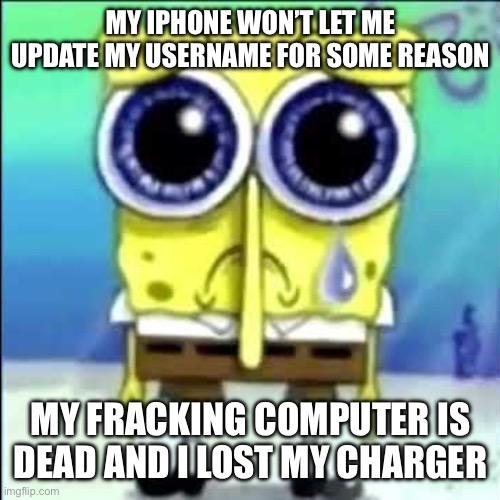 So I’m still refrigerator gaming for now | MY IPHONE WON’T LET ME UPDATE MY USERNAME FOR SOME REASON; MY FRACKING COMPUTER IS DEAD AND I LOST MY CHARGER | image tagged in sad spongebob | made w/ Imgflip meme maker