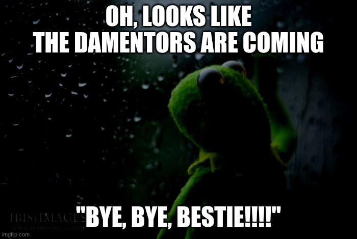 kermit window | OH, LOOKS LIKE THE DAMENTORS ARE COMING; "BYE, BYE, BESTIE!!!!" | image tagged in kermit window | made w/ Imgflip meme maker